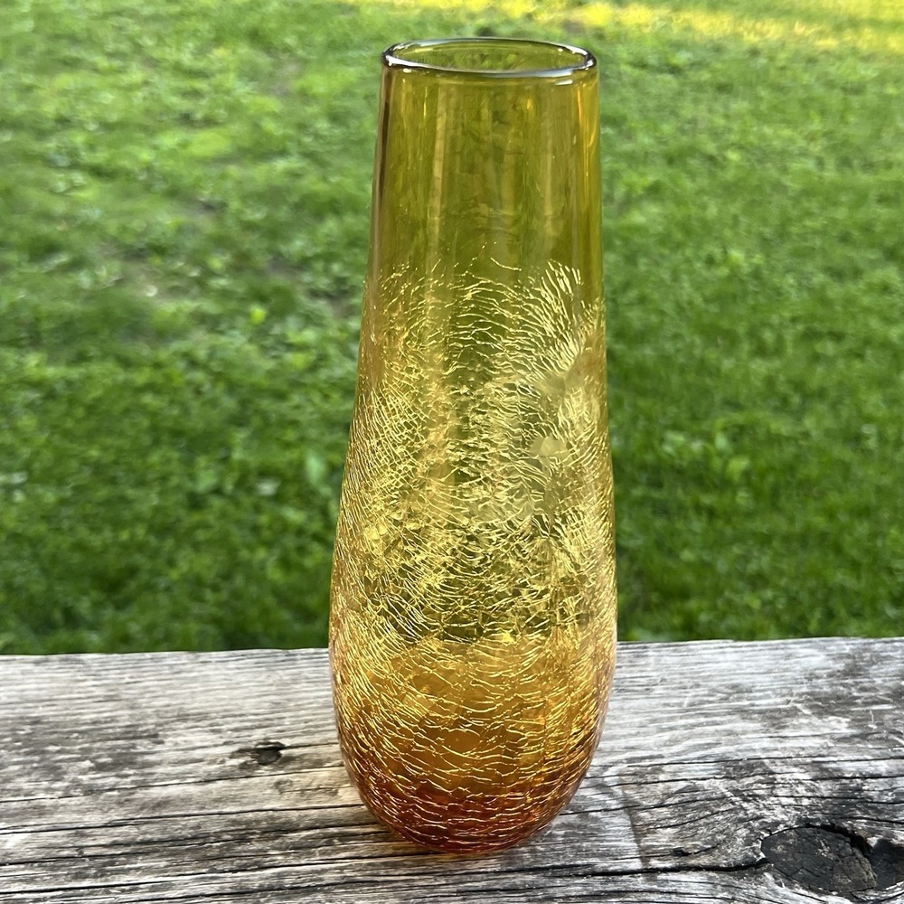 Amber Crackle Glass Tall Bud Vase Mid Century Modern Boho Art Glass Decor - Picture 3 of 9